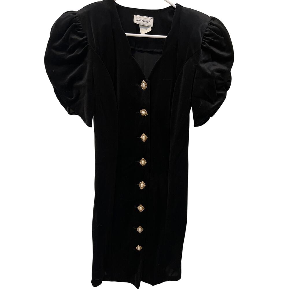 Vintage Velvet Dress Women's Size 5 6 80s 90s Black Pearl Button Puff Sleeve